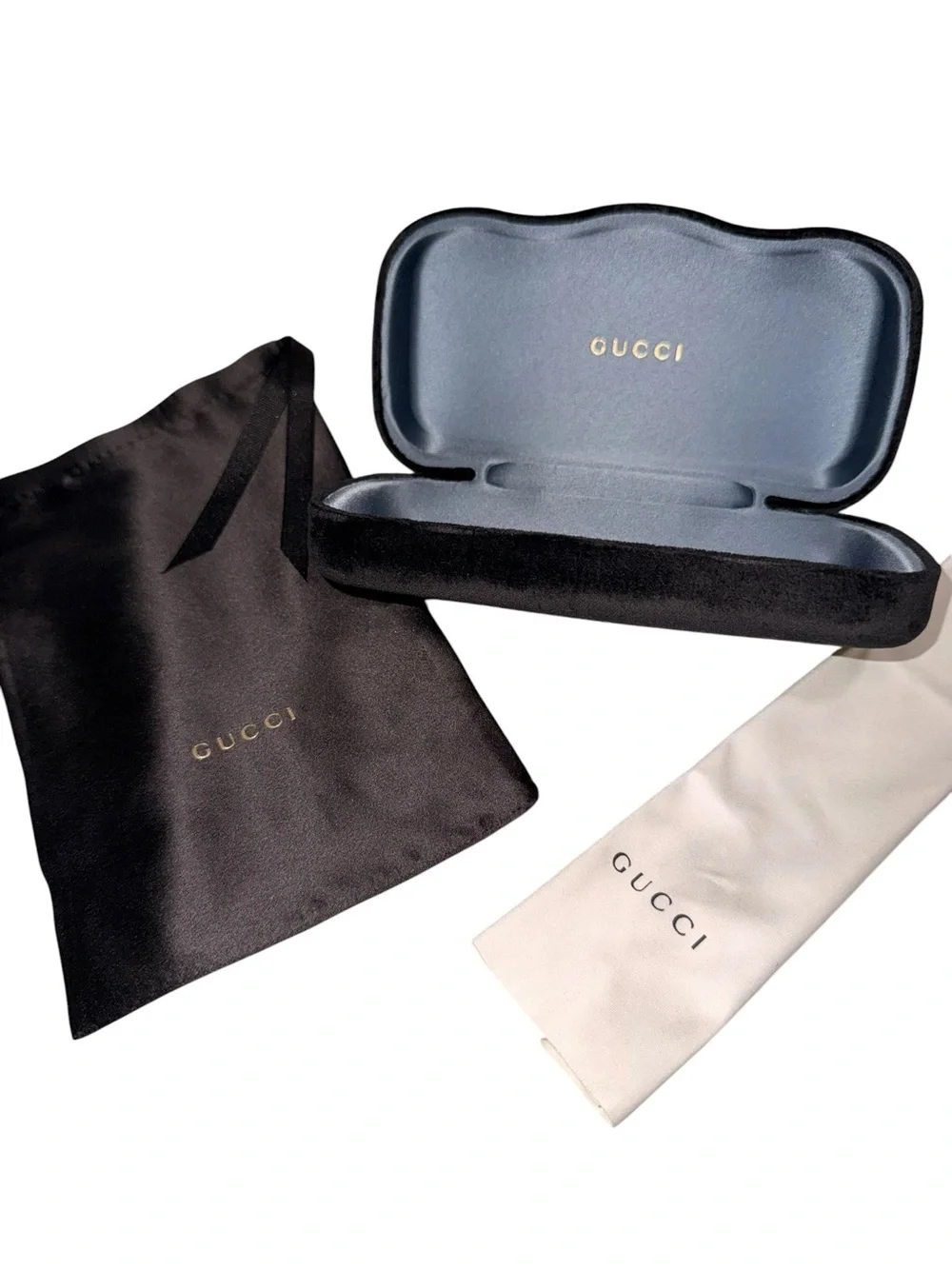 Gucci Black Velvet Eyewear Case with Gold Logo, Dust Pouch, Gucci Cleaning Cloth